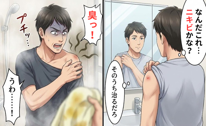 プチッ…「臭っ！」シャワー中に漂う異臭と黄色いシミ。左肩のできものを放置して招いた事態【体験談】