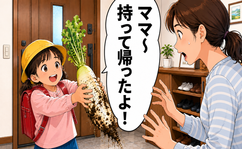 「ママ～持って帰ったよ！」小1の娘が握っていた立派な大根。入手先を聞いて固まったワケ【体験談】