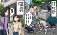 ごみ集積所で、防鳥ネットなし、ごみ箱のフタも開いたまま。数日悩んで隣人に伝えた結果