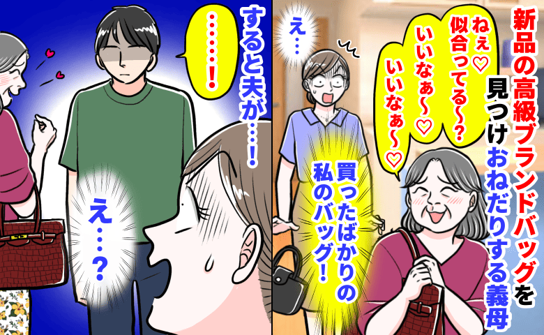 義母「ねぇ♡似合ってる〜？」私の不在中、勝手に高級ブランドバッグを漁りおねだり→新品なのに…！すると夫が…