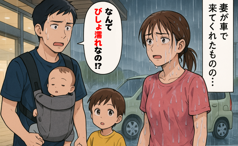 子連れ外出の帰りに雨→妻に迎えを頼んだら「なんでびしょ濡れ！？車に乗って来たのに」衝撃の理由とは