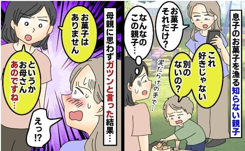 「お菓子それだけ?」泥だらけの手で息子のおやつを漁る知らない子→さらにたかってくる母親…私は思わず!