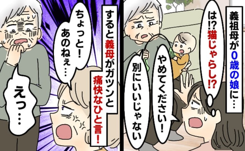 猫のおもちゃで娘と遊ぶ義祖母にギョッ「口に入れないで！」必死に止めたら義祖母が反論→それを見た義母が…