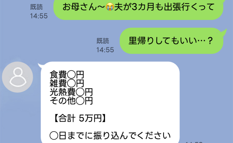 「5万振り込んで」出産直後に夫が3カ月の出張へ→里帰りを希望すると母から請求が！？私は思い切って