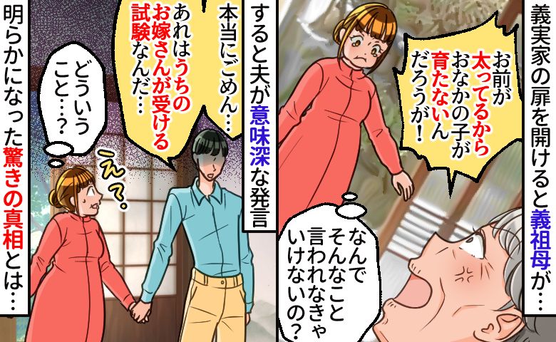 私の体型が赤ちゃんに悪影響だとキレる義祖母→すると夫が「お嫁さんが受ける試験なんだ」は…？真相は