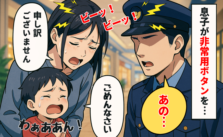 息子が非常ボタンをポチッ…警報音が鳴り響く店内「すみません！」え？駆けつけた警備員さんに謝ると…