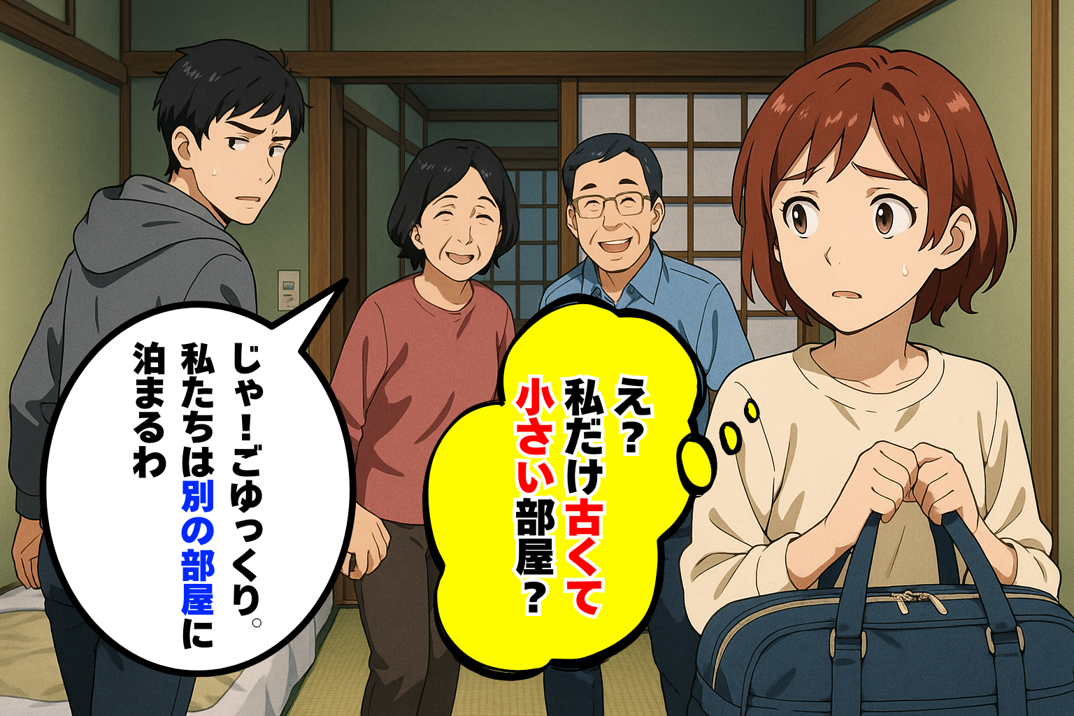 義父母との旅行で夫と部屋を分けられ困惑「私だけ1人、古くて小さい部屋…」夫に不満を伝えると、後日