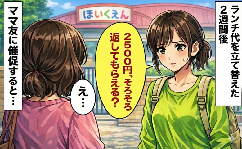 「2500円、返してもらえる？」なかなか払わないママ友→意を決して立て替えたランチ代を催促すると、ママ友は