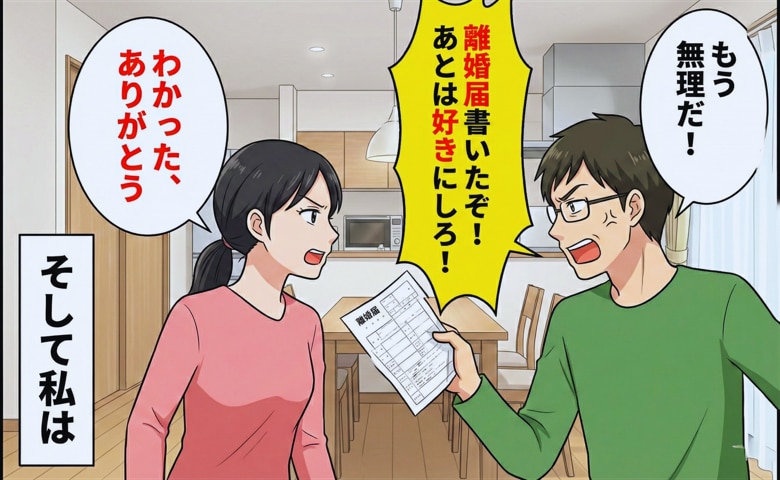 夫「離婚届書いてやったぞ！好きにしろ」私「わかった、ありがとう」→そのまま家を出た私に、夫の態度が一変した理由