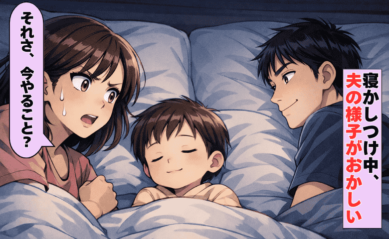 真っ暗な寝室で夫が怪しい動き…「ちょっと！何してるの？」詰め寄るママ！パパの手元には…！？