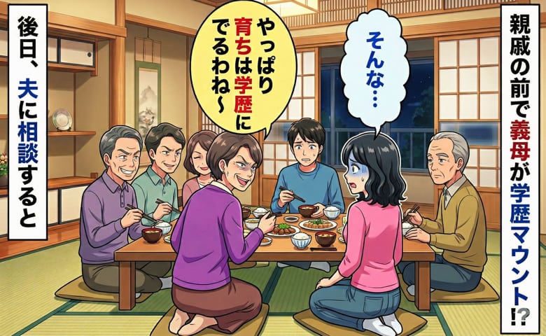 「育ちは学歴にでるわね～」親戚一同の場であからさまに私を見下す義母…→後日、夫につらさを打ち明け、相談すると！？