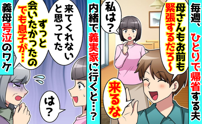 「お前は来るな！」毎週、ひとりで帰省する夫→「じゃあ内緒で行こ♡」嘘がバレて義母号泣、夫の末路！