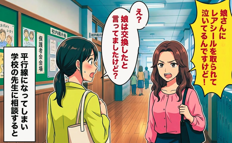 「娘さんにレアなシールを取られて泣いてるんです！」「え、交換ですよね？」→平行線で無限ループに…学校に相談した結果