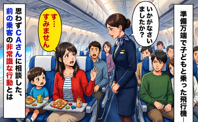 「す、すみません…」子連れで乗った飛行機、準備万端だったのに…→思わずCAさんに相談した、前の乗客の非常識な行動とは