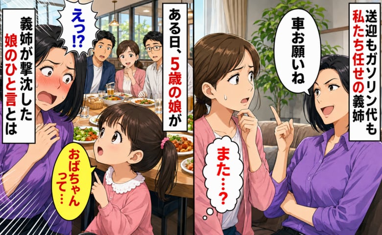 「車お願いね」送迎もガソリン代も私たち任せの義姉夫婦…→食事中、5歳の娘の無邪気なひと言で義姉が撃沈したワケ