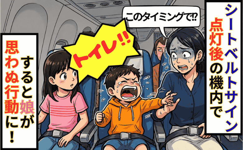 着陸寸前の機内で3歳息子「トイレ！」「いま！？」絶体絶命のピンチ！⇒直後、8歳娘が思わぬ行動に