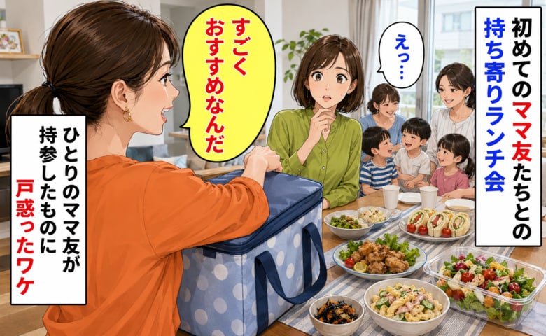 「持ち寄りなのに…？」初めてのランチ会で料理を準備した私。華やかな食卓に、ママ友が保冷バッグから取り出したものは…！