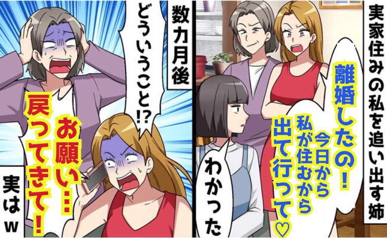 姉「離婚したの♡今日から私が住むから出て行って！」実家を追い出された私→ありがと♪数カ月後、泣きつく姉！実は