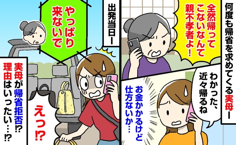 実母「やっぱり帰って来ないで」え？帰らないのは親不孝と言っていたのに帰省当日、まさかの連絡→告げられた理由にあ然！