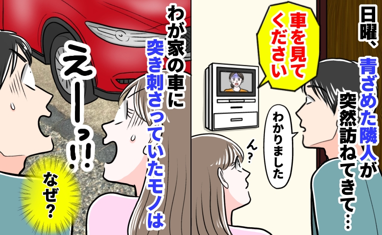 「お宅の車を見て！」日曜の夕方、血相を変えた隣人の訪問。大破した窓ガラスに突き刺さっていたモノは…