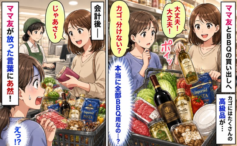 私「カゴ分けない？」ママ友「大丈夫！」BBQの買い出しで高級品が次々と…→会計後、笑顔で告げられたひと言にあ然 