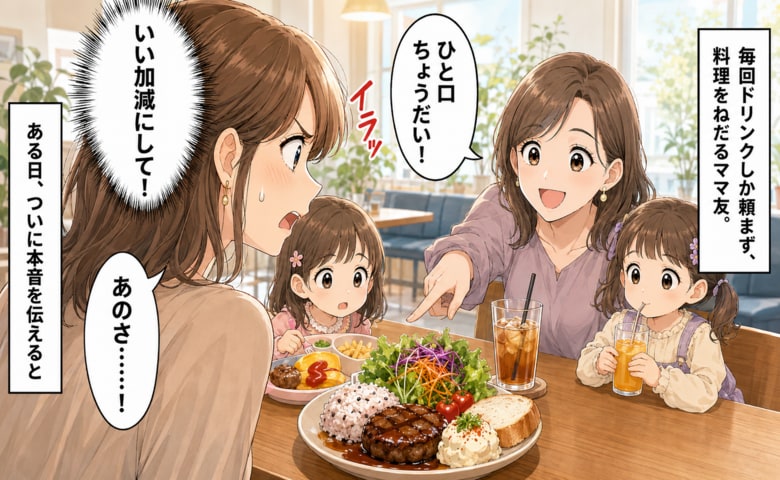 「今日は節約するね」毎回ドリンクしか頼まないママ友→「ひと口もらっていい？」エスカレートする要求を注意した結果…