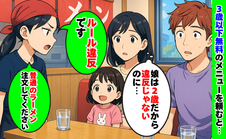 3歳以下無料のメニューを2歳の娘用に頼むと「ルール違反です！」え？保険証を見せると、驚きの返答が