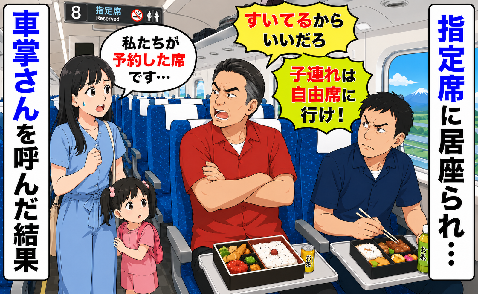 私たちの指定席に居座る2人「子連れは自由席に行け！」お弁当を広げ退く気配無し…車掌さんを呼んだ結果