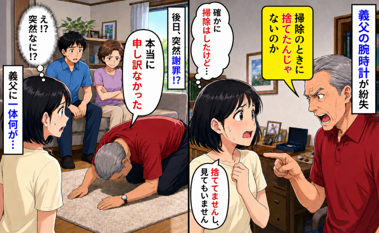 「掃除のときに捨てたんだろ！」大事な腕時計を失くした義父から犯人扱い→後日、正座で謝罪！？一体何が