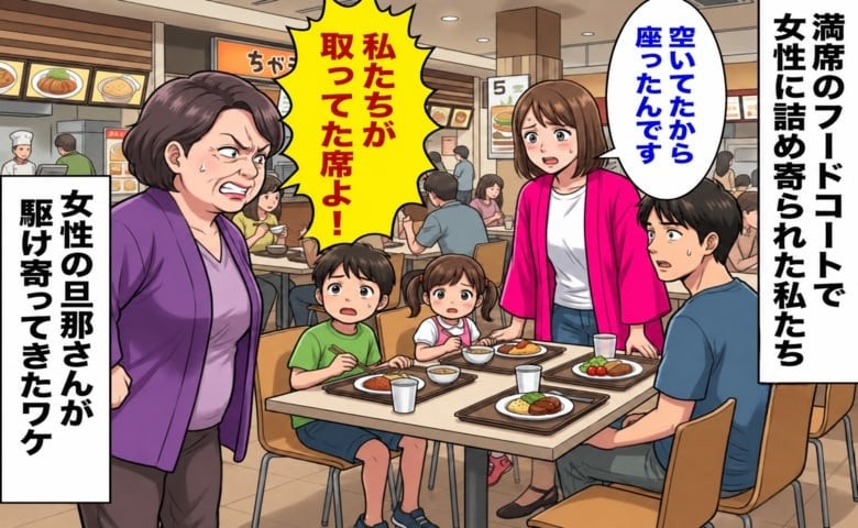 女性「私たちが取ってた席よ！」私「空いてたから座ったんですが」フードコートで困惑…⇒女性の旦那さんが来ると！？