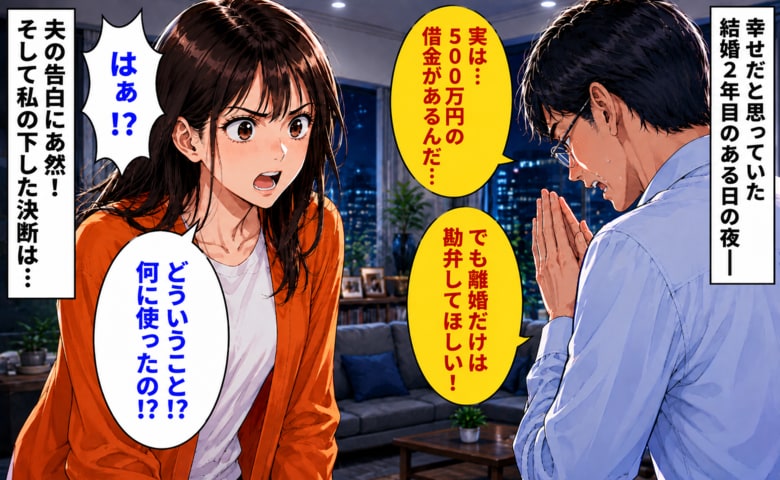 「離婚だけは勘弁して…」結婚2年目…500万円の借金を涙を流し告白する夫⇒まさかの使い道と、私の下した決断は
