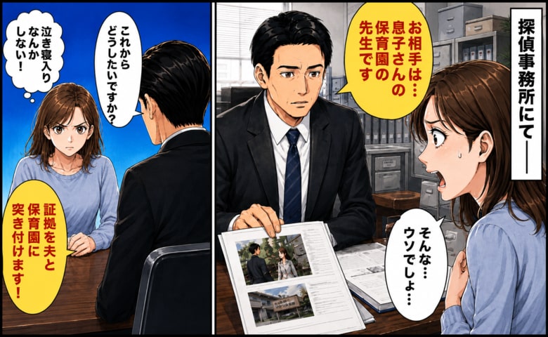 「息子の保育園の先生と…？」夫を探偵に尾行してもらうとホテルへ→証拠写真を夫と保育園に突き付けた結果