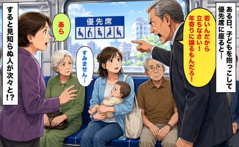 「若いんだから立ちなさい！」赤ちゃん連れの私に怒鳴った高齢男性…→すると周囲にいた2人の見知らぬ方が次々と！？ 