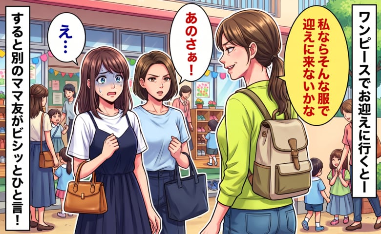 ママ友「私ならそんな服で迎えに来ないかな」幼稚園のお迎えで服装にチクり…→すると次の瞬間、別のママがひと言！