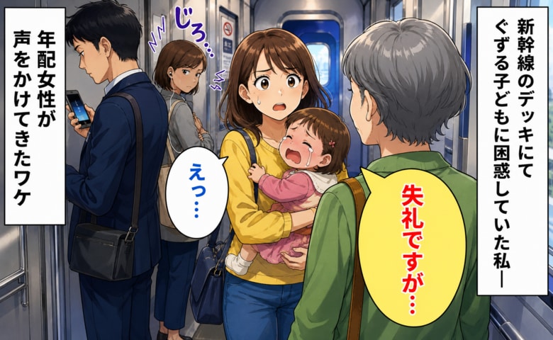 「失礼ですが…」新幹線で2歳児が号泣しデッキへ避難→周囲の視線が痛い中、見知らぬ女性が声をかけてきたワケ