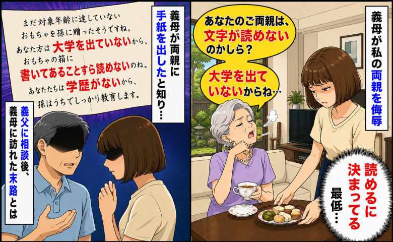 「大学出てないから文字が読めないのね」義母が両親へ侮辱の手紙を送付→義父に相談後、訪れた末路とは