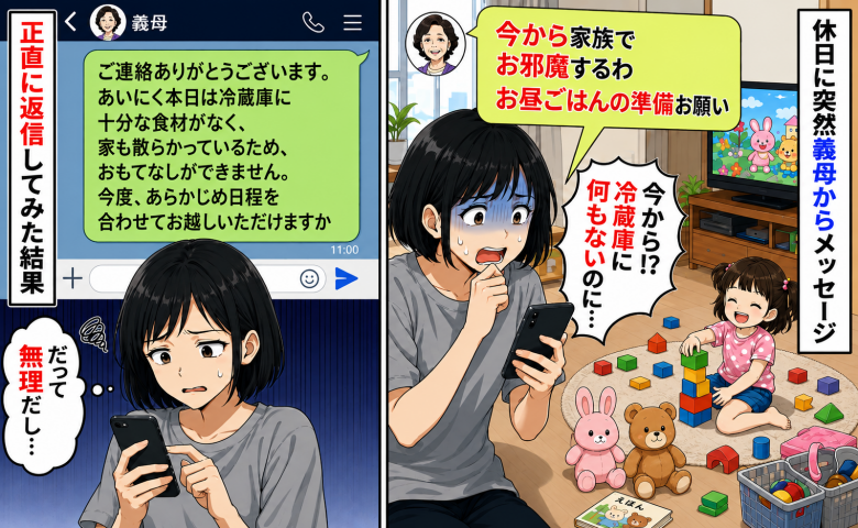 休日に突然義母からLINE「今から家族で行くわ。お昼の用意をお願い」本音を長文で送って断った結果