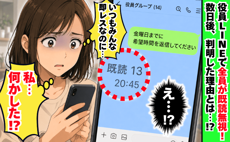 13人既読なのに返信ゼロ「私、何かした？」普段は即レスの役員LINEで全員沈黙→判明した理由に絶句！