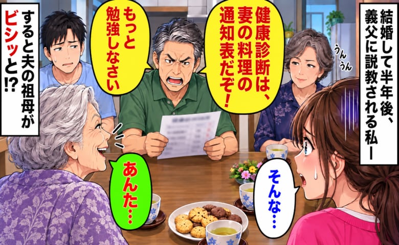 義父「健康診断は妻の料理の通知表だぞ！」結婚半年で説教され、うつむく私…⇒夫の祖母が痛快なひと言を！？