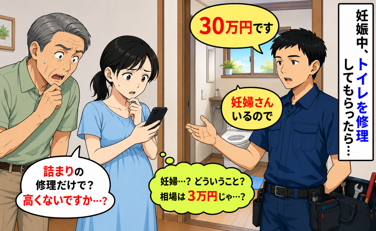 トイレ詰まりの修理を依頼すると「30万円です、妊婦さんいるので」え、相場は3万円…抗議した結果