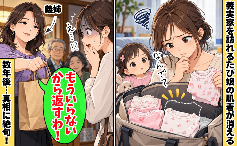 義実家へ行くたび娘の肌着が1枚ずつ消える…→数年後、義姉が突然「もう返すわ」と紙袋を差し出し！？