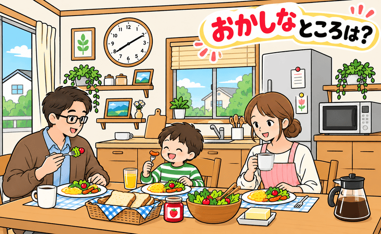 10秒で見抜ける？【違和感クイズ】家族で楽しい朝食♪このイラストのおかしなところは…どこ？