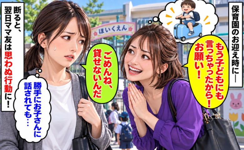 ママ友「もう子どもにも言っちゃったから！」子どもが乗れるスーツケースを貸してと要求→断ると翌日、ママ友は