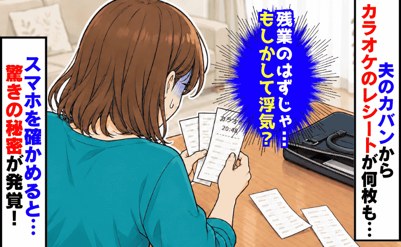 夫のカバンから【残業の日】のカラオケレシートが何枚も…浮気を疑いスマホを見ると→衝撃の事実が発覚