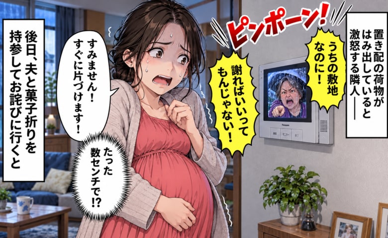 隣人「うちの敷地なのに！」わが家の置き配の荷物がはみ出し激怒！謝っても怒鳴り続け…翌日、夫と菓子折りを持って訪ねると