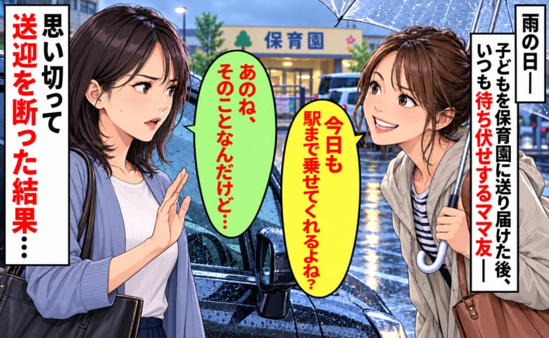 「雨だから駅まで乗せて！」保育園の駐車場で当然のように私を待つママ友→思い切って送迎を断った結果