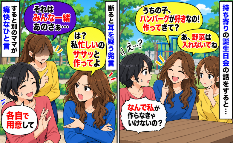 持ち寄り誕生日会なのに「うちの子のも作って！野菜は入れないでね」しつこいママに別のママが痛快なひと言