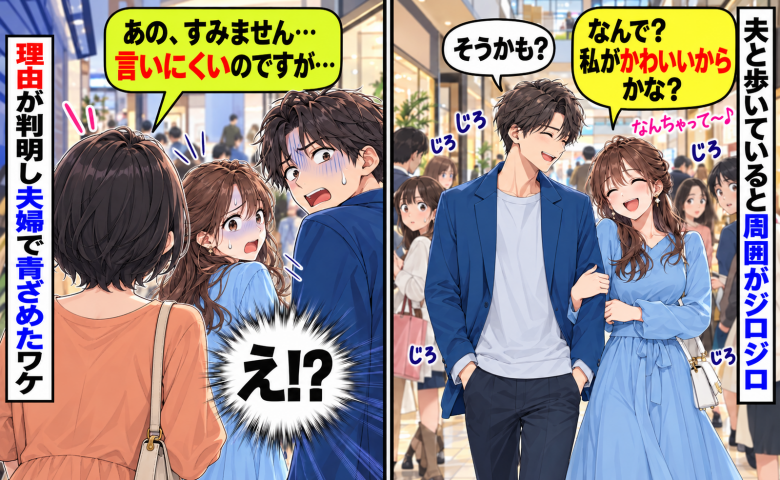 夫と買い物中に周囲がジロジロ「私がかわいいから？♡」→「言いにくいのですが…」理由に青ざめたワケ