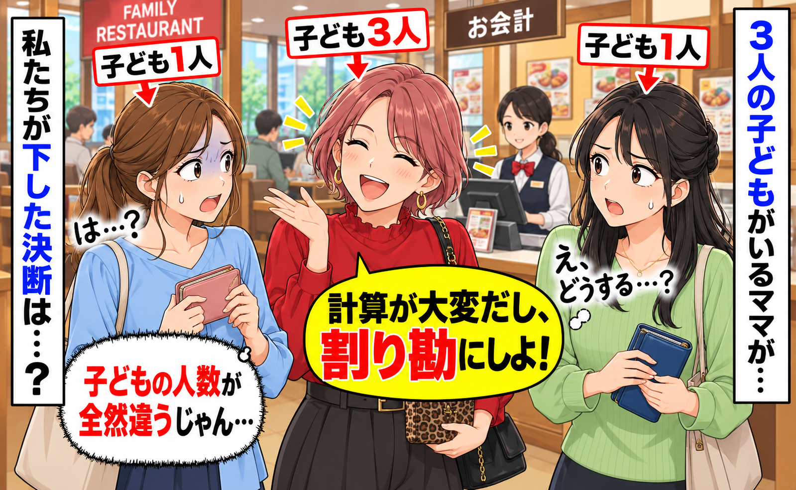 「計算が大変だし割り勘にしよ！」私たちは子ども1人、そっちは3人なのに？→どうする？下した決断は