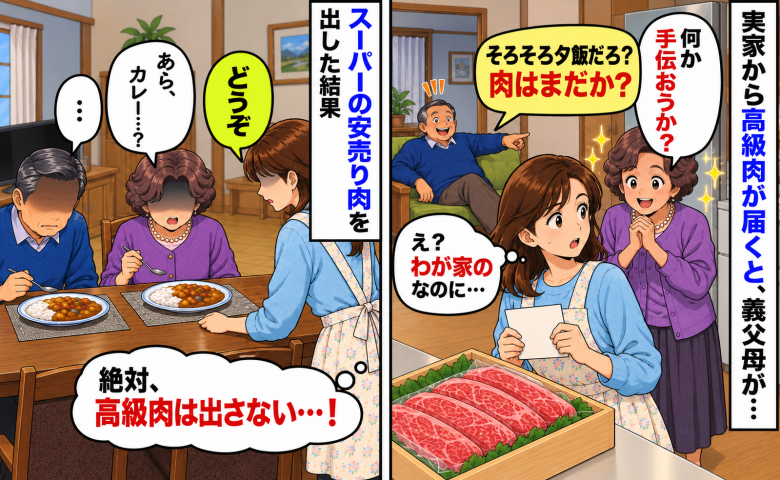 実母がくれた高級肉を狙う義父母「夕飯まだか？」絶対出したくない…！スーパーの安売り肉を使った結果